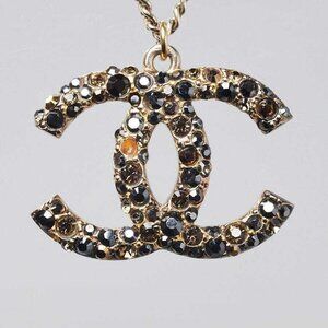 Chanel Gold Metal Black Crystal CC Necklace